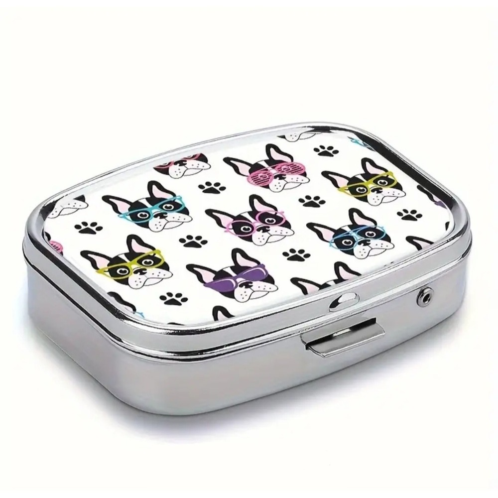French Bulldog Print Metal Pill Box Case 2 Compartment Mirror Silver